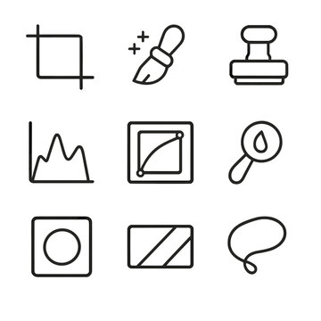 Photo Editing Icon Set. Outline icon set of gimbals and stabilizers: 3-axis gimbal, handheld stabilizer,