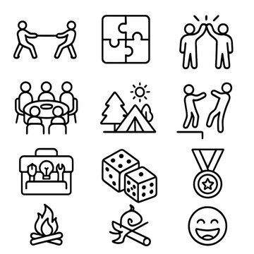 Team Building Icons. Outline icon set of team building activities: tug of war, puzzle pieces, group high-five,