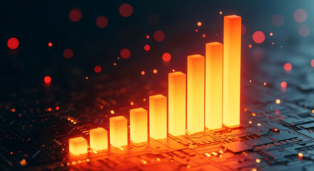 Rising glowing bar chart representing financial growth and positive business progress with fiery digital elements