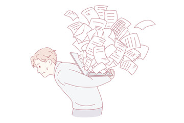 Tired young man carry laptop overwhelmed with online notification. Exhausted male frustrated with mail spam or scam on internet on computer. Social media. Technology. Flat vector illustration.