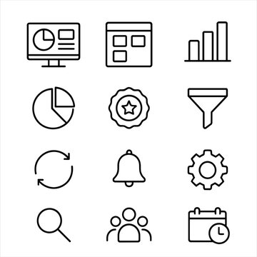 Productivity Dashboard Icons. Outline icon set of productivity dashboards: monitor screen, widget box, bar