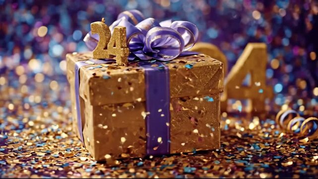 Golden gift box with purple ribbon and '24' candle amidst sparkling glitter and colorful bokeh lights, celebrating 24th birthday or anniversary.