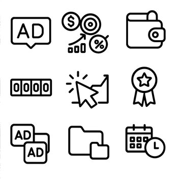 SEM Icon Set. Outline icon set of SEM advertising: ad badge, keyword bid, budget wallet, CPC tag, impressions
