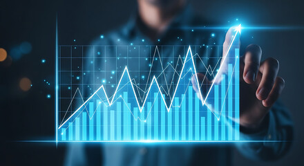 Financial growth chart visualized on a futuristic digital interface by a person analyzing data