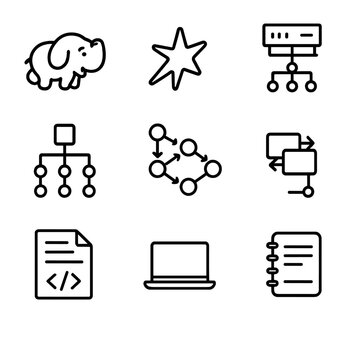Big Data Icons Grid. Outline icon set of big data processing: Hadoop, Spark, cluster manager, job tracker,