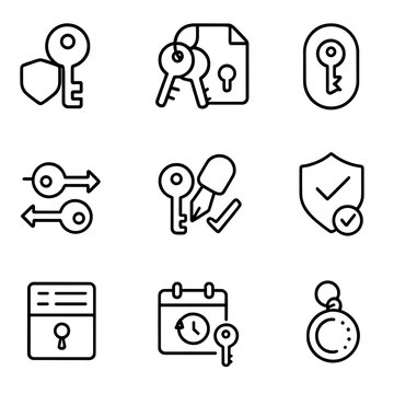 Key Management Icons. Outline icon set of key management: KMS key, key ring, key policy, key alias, encrypt