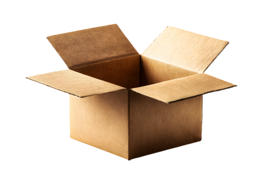 Open cardboard box with corrugated texture, isolated on transparent background