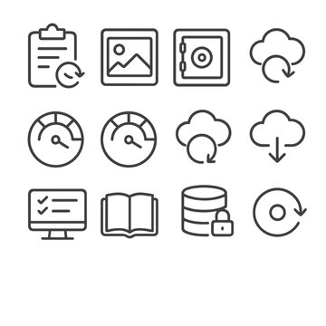 Backup Icon Set. Outline icon set of backup and disaster recovery: backup plan, snapshot, vault, cross-region