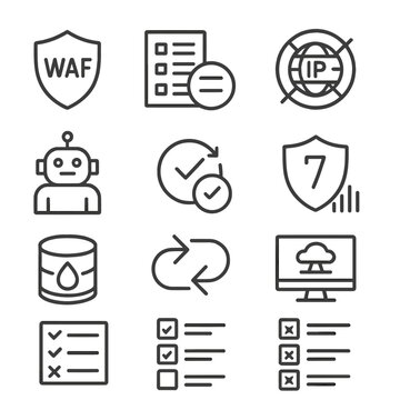 Cybersecurity Icons Grid. Outline icon set of WAF and DDoS: WAF shield, rule set, IP block, rate limit, bot