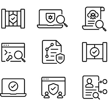 DevSecOps Icon Grid. Outline icon set of DevSecOps: policy gate, SAST, DAST, IaC scan, secret scan, SBOM