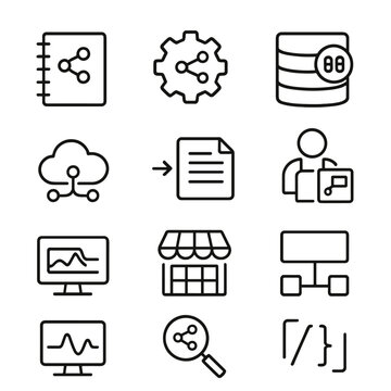 Cloud ML Icons. Outline icon set of cloud migration: assessment, discovery, wave plan, landing zone, rehost,
