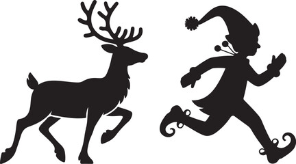 Black silhouette running deer and cute Christmas elf