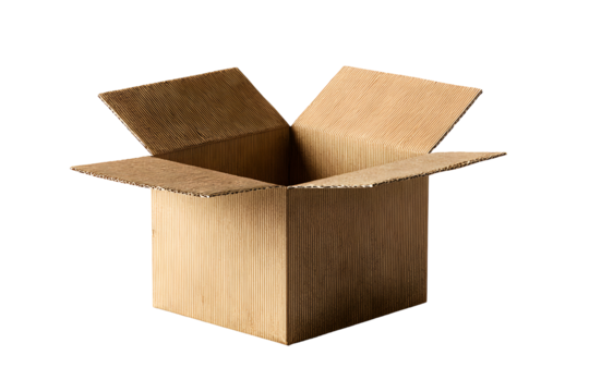 Open cardboard box with corrugated texture, isolated on transparent background