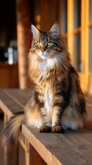 Maine Coon cat sitting gracefully on a wooden table in a sunlit rustic home during the golden hour