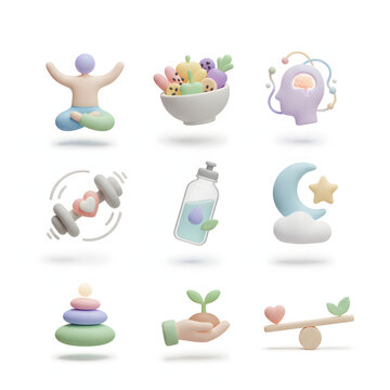 3D Icon Set of Healthy Lifestyle and Wellness Habits