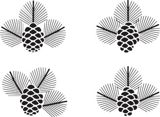 Cedar or pine cones on branches with needles. Vector black illustrations set isolated on white background