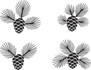 Cedar or pine cones on branches with needles. Vector black illustrations set isolated on white background © Ranaart