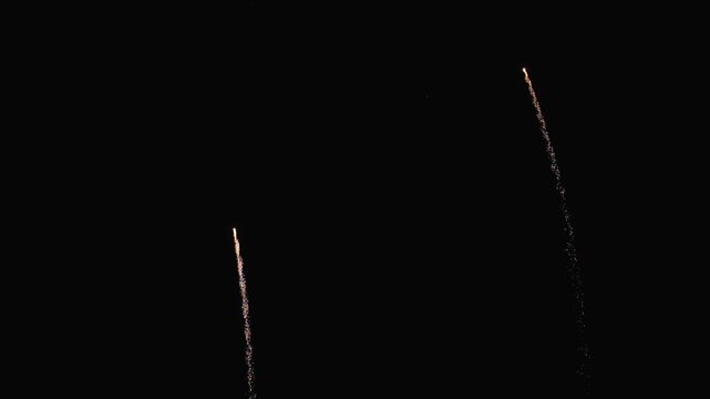 Two fireworks are lit up in the dark sky. The fireworks are in the air and are shooting off in different directions