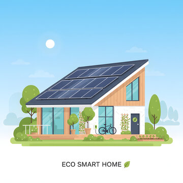 Eco Smart Home Illustration. Modern House with Solar Panels and Renewable Energy Technology. Sustainable Living Concept