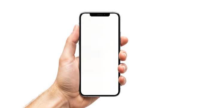 Hand holding Smartphone as png photo and isolated on white background for your mobile phone app or web site design, logo Global Business technology
