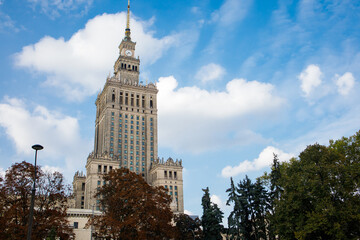 Palace of Culture and Science building with a background of a blue sky. Architectural symbol of...