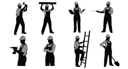 Silhouette of a female construction worker in various poses isolated on white background