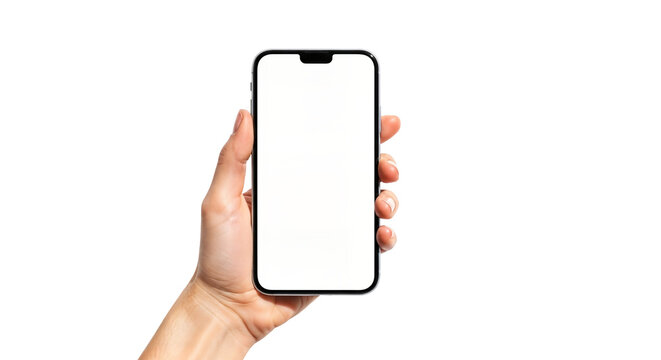 Hand holding Smartphone as png photo and isolated on white background for your mobile phone app or web site design, logo Global Business technology