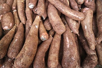 Pile of freshly cassava in the market ready to sell. Top view