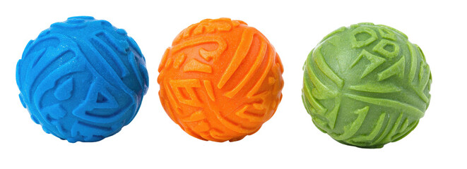 Three colorful, textured spheres in shades of blue, orange, and green, floating against a black background