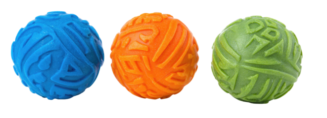 Three colorful, textured spheres in shades of blue, orange, and green, floating against a black background