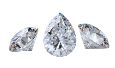 Three rendered diamonds, one pear-cut centered, flanked by two side profiles, set against black