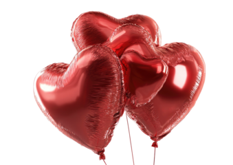 Group of shiny, heart-shaped, red balloons floating against a black background