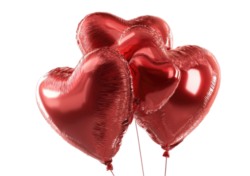 Group of shiny, heart-shaped, red balloons floating against a black background - Powered by Adobe