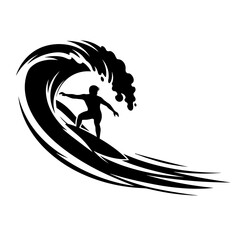 Silhouette of surfer riding a big ocean wave, dynamic water sport scene showing balance, freedom and energy, athlete in motion, black figure on transparent background, flat style