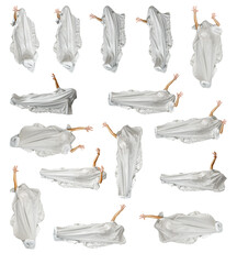 Human body full height covered with light sheet of cloth different angles view set isolated on white