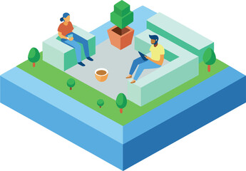 Isometric 3d vector illustration of people relaxing on a rooftop garden oasis
