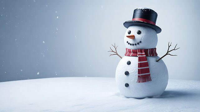 A cheerful snowman with a black top hat and red scarf stands on a snowy field against a soft blue background, creating a festive winter scene