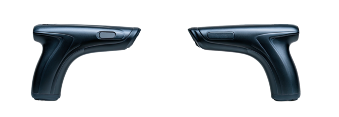 Two dark-colored, stylized ergonomic handheld devices, resembling futuristic guns, on a black backdrop