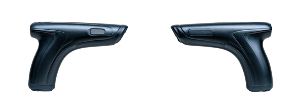 Two dark-colored, stylized ergonomic handheld devices, resembling futuristic guns, on a black backdrop