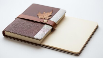 Elegant brown leather journal with a decorative leaf emblem and a convenient strap closure, perfect for personal notes and creative writing