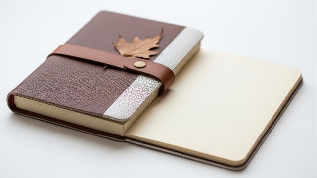 Elegant brown leather journal with a decorative leaf emblem and a convenient strap closure, perfect for personal notes and creative writing