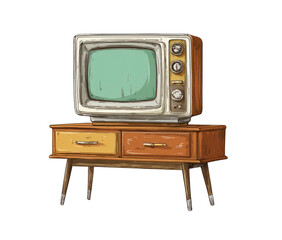 A quaint illustrated retro TV set on a vintage cabinet with drawers