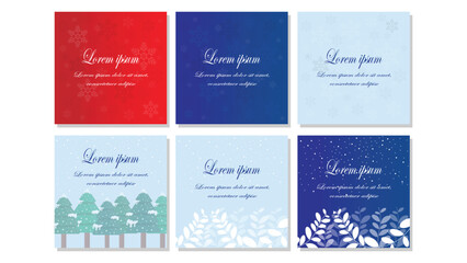 Set of winter and Christmas greeting card templates with snow and forest background