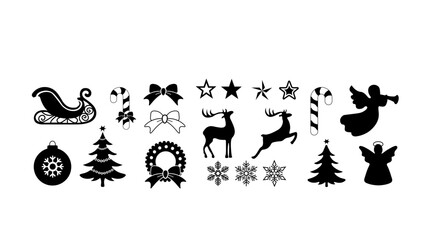 Set of Christmas icons including reindeer, tree, star, wreath, and angel silhouette