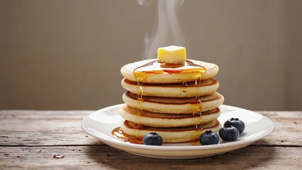 Stack of golden pancakes topped with melting butter and drizzled with warm maple syrup, surrounded by fresh blueberries, mouthwatering breakfast scene. Comforting start to day