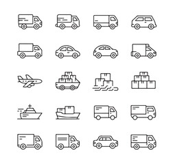 Collection of simple outline icons representing diverse transportation vehicles for logistics and delivery