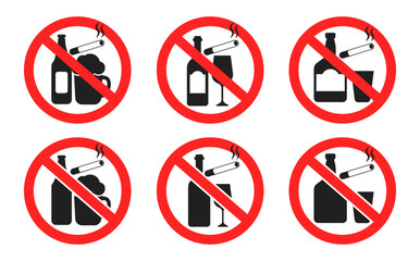 No Smoking and No Alcohol Sign Set in Circles. Vector Prohibition Icons in a Vector illustration