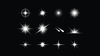 Set of glowing white light star effects isolated on black background © Vector Saman