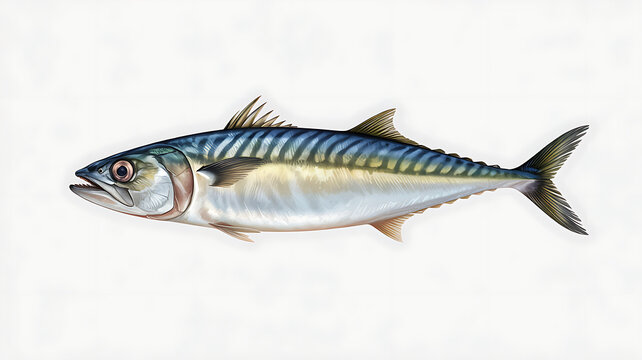 Detailed illustration of a mackerel isolated on white background, showcasing its iridescent blue and silver body, dark stripes, and streamlined form, a common fish