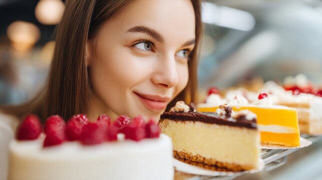 A young woman gazes happily at an array of colorful cakes and desserts displayed in a bakery. Her expression reflects pure delight as she admires the tempting treats
